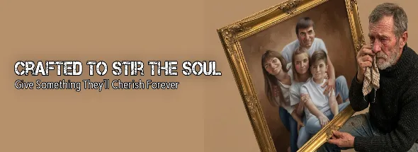 Custom family portrait service with an elderly man holding a framed photo‑to‑painting family artwork, highlighting a heartfelt personalised gift to cherish forever.